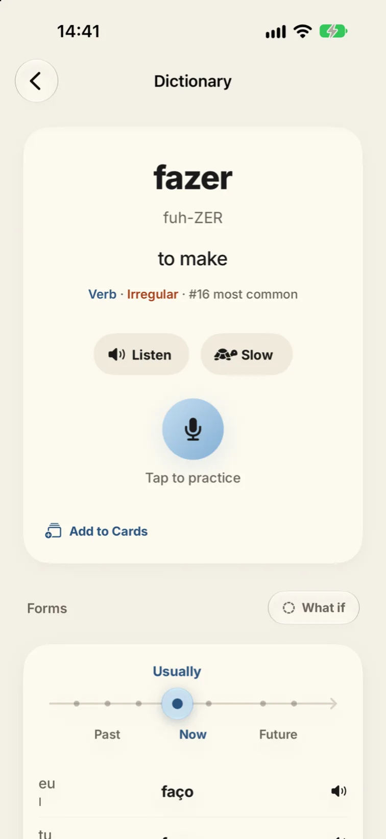 Dictionary entry for fazer with pronunciation and a line of tenses