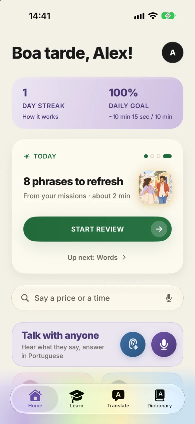 Abidera home with today's plan, word lookup, and Talk with anyone