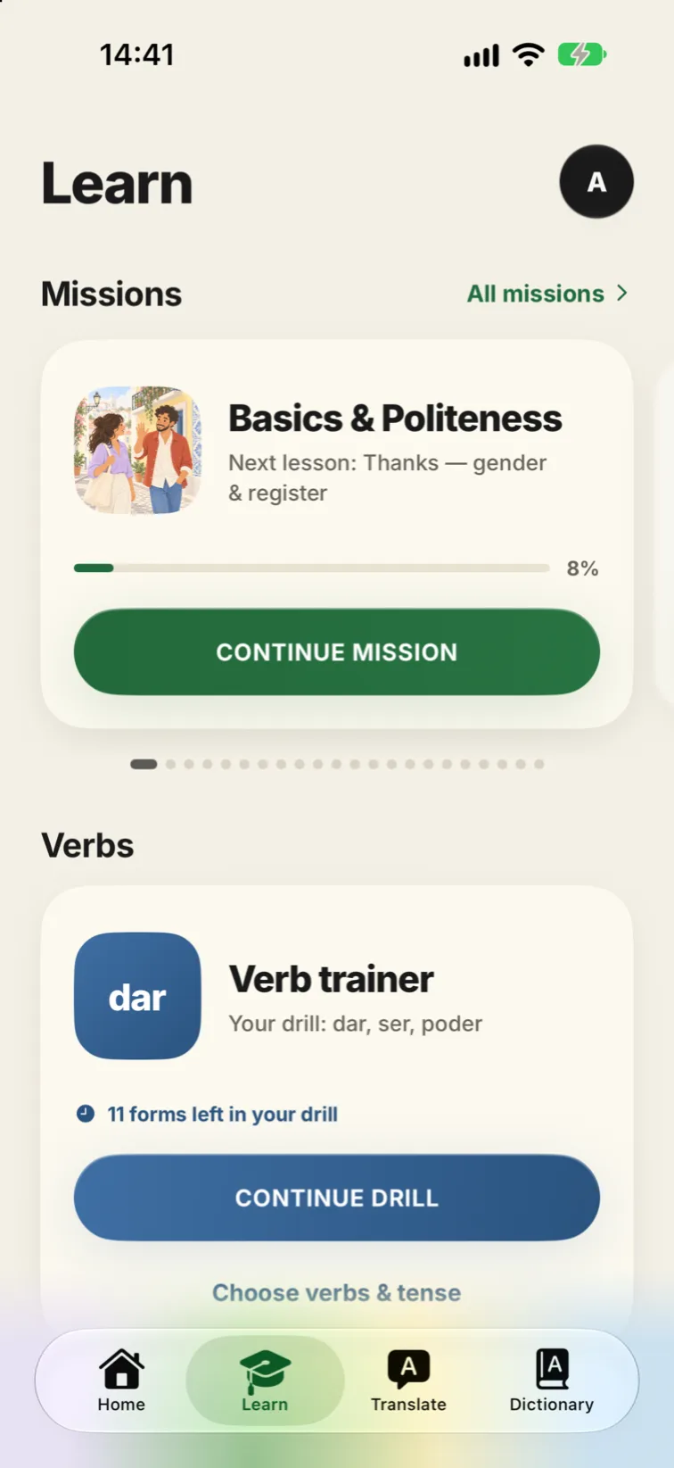 Learn tab with missions and the verb trainer