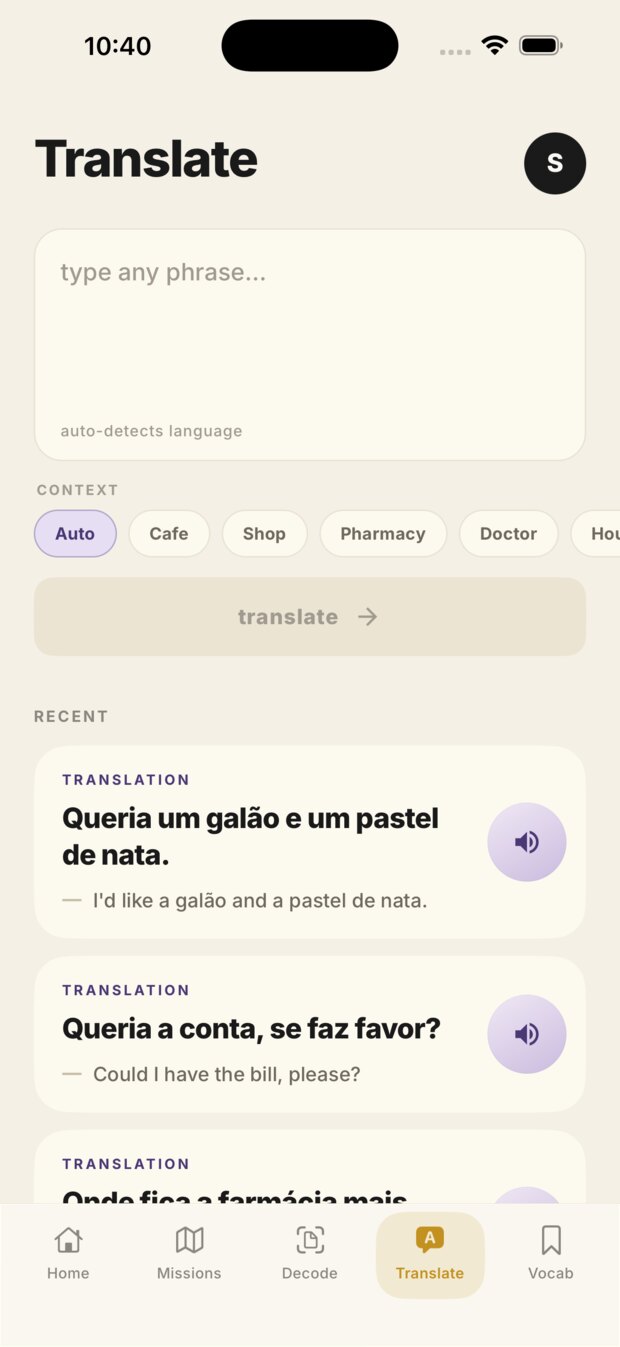Translate screen with recent PT-PT phrases